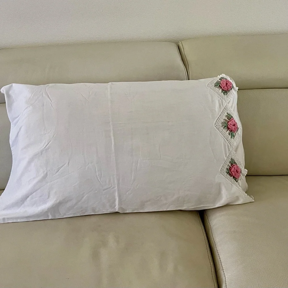 White Pillowcase with Pink Floral Embroidery 20-31 inches